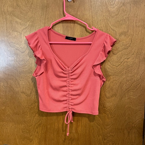 21 SAINTS coral ribbed ruffle shirred front top - Picture 1 of 5